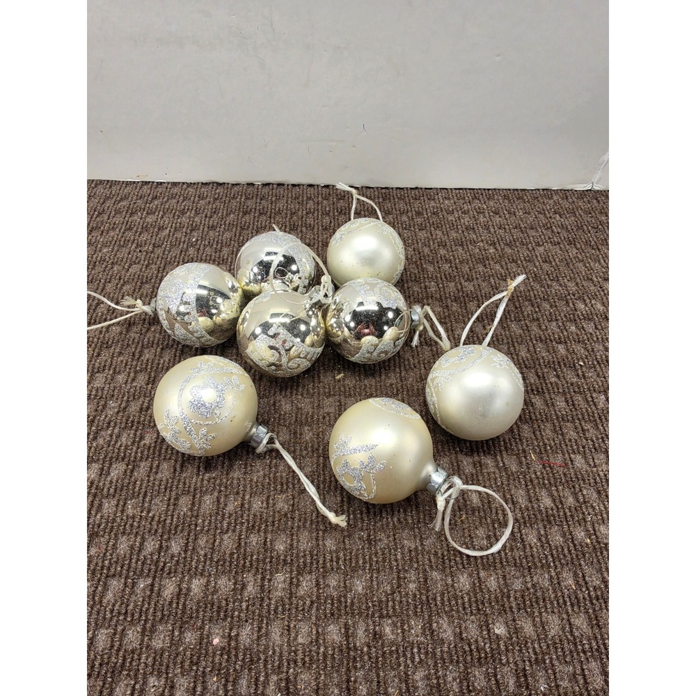 Vintage Holly Glass Christmas Ornaments Silver Champagne Glitter Scroll Set of 8